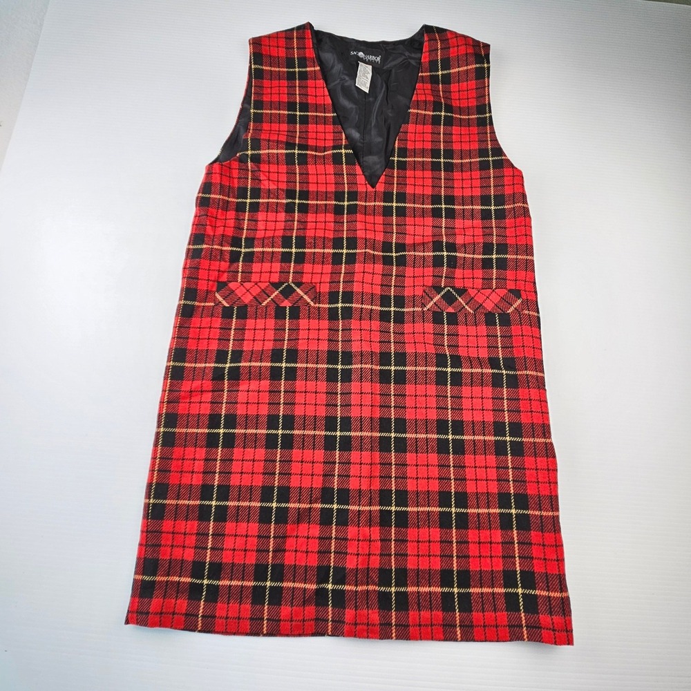 Sag Harbor Petite Vintage 90s Red Black Plaid Wool Blend V-Neck Shift Dress 12P